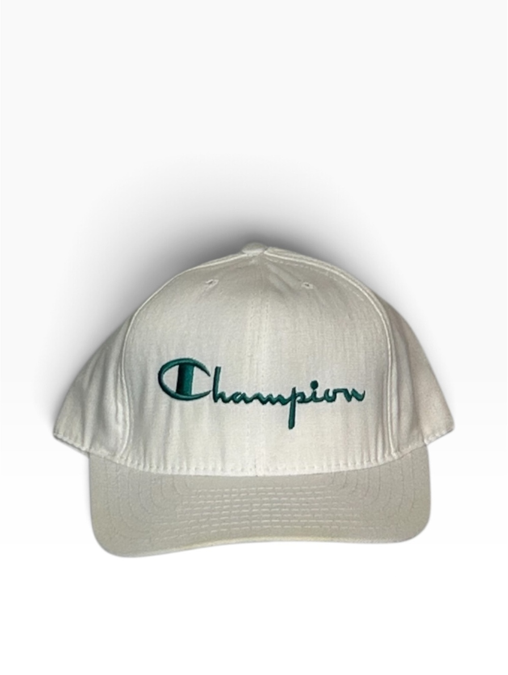 90s White Champion Snapback Hat with Green Underside and Embroidered Logo